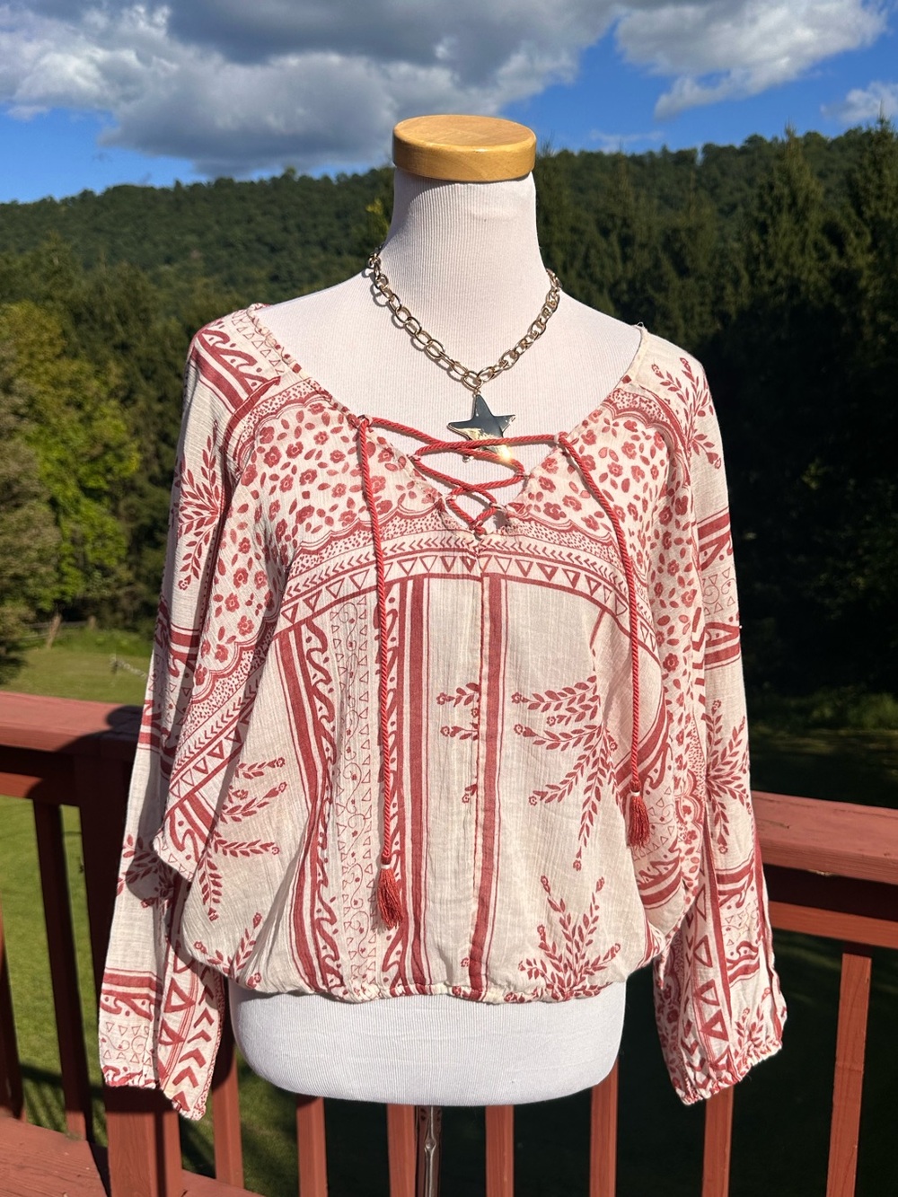 Free People Oversized Gauzy Top Lace Up Front Cream & Rust